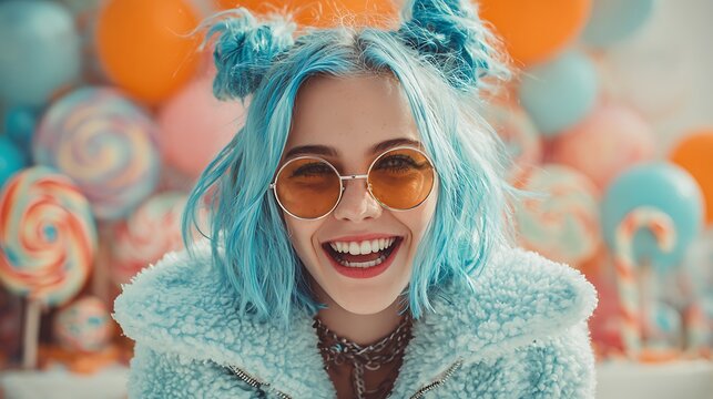 A joyful woman with blue hair and round glasses smiles in front of a colorful candy and balloon backdrop. The photo exudes happiness and a carefree vibe. 