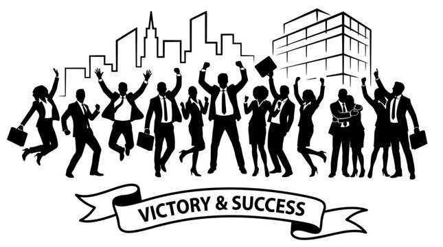 Business people celebrate victory in city with silhouette vector graphics