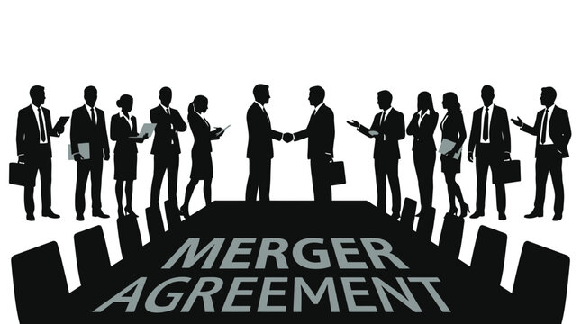 Business professionals in silhouette vector handshake merger agreement