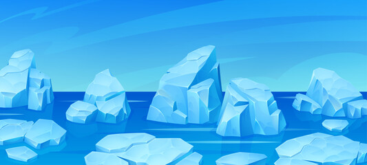 Ice formations and glaciers in arctic vector. Frozen mountain landscape with floating icebergs, snow covered peaks and polar ocean elements. Blue crystalline blocks and floes in cold northern waters. © vectorpouch