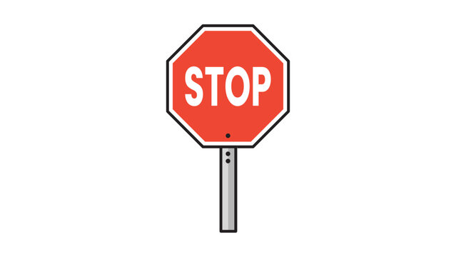 Red Octagonal Stop Sign on a Metal Post, Modern Flat Vector Icon Illustration with Editable Stroke on White Background for Traffic Safety, Road Regulations, and Transportation Design Symbol.