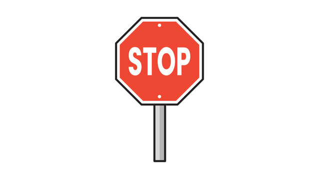 Stop Sign Vector Icon: A modern flat illustration on a white background representing a red octagonal traffic stop sign on a metal pole with editable stroke for customizable line weight.