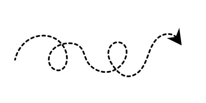 Long dashed curved line arrow icon. Arrow follows a wavy path with a loop, indicating a route, direction, or an indirect journey