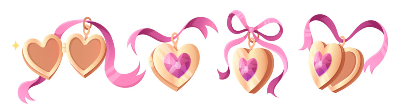 Vintage heart locket with bow and coquette charm design. Elegant frame with ribbon, lace and whimsical drawing style. Romantic heart necklace illustration for valentine day or wedding design.