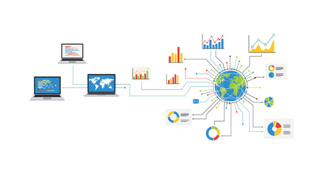 A sophisticated digital network diagram connects multiple silver laptops to a central glowing earth globe surrounded by vibrant data charts and graphs.