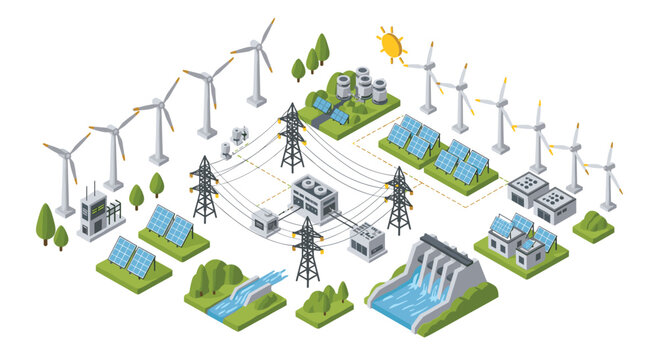 A detailed isometric illustration showcases a comprehensive renewable energy network featuring wind turbines and solar panels near a power substation.