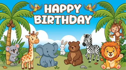 Cute Jungle Animals Birthday Banner Background with Cartoon Wild Safari Creatures and Background With Copy Space © Bombardier