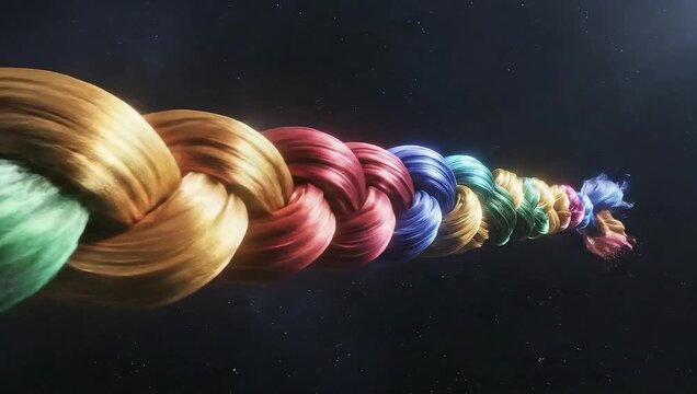 Rainbow Hair Braid: An artistic depiction of a beautifully braided strand of hair, each section of which showcases a vibrant hue in a mesmerizing display of colors and creativity.
