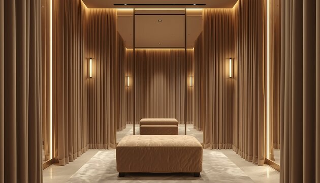 A luxurious and private dressing room or changing area enveloped in soft, elegant curtains and featuring mirrored walls with chic ottoman benches.