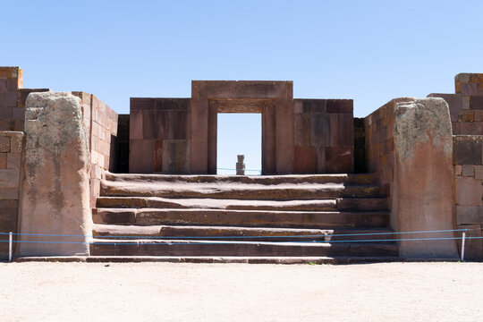Tiwanaku kalasasaya temple ruins with traditional architecture