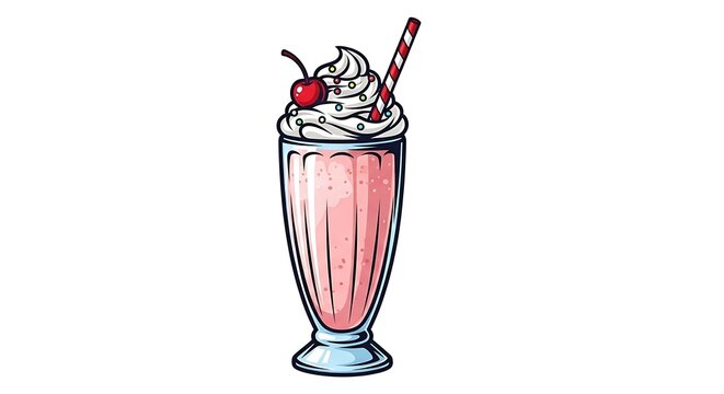 Colorful illustration of a pink milkshake with whipped cream and a cherry