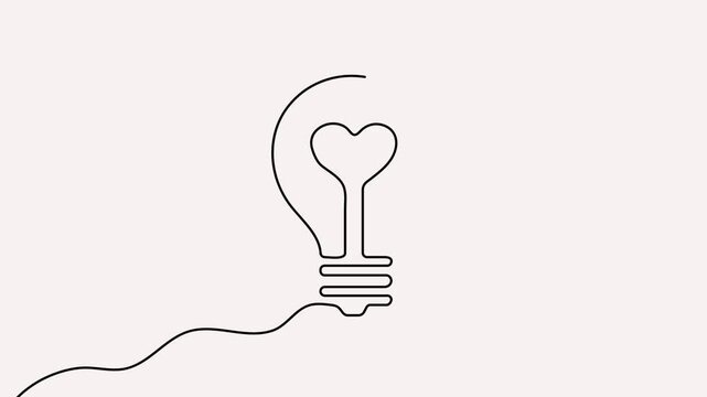 Continuous one-line drawing of a light bulb with a heart-shaped filament. Minimalist 4K animation for concepts of love, creativity, and bright ideas.