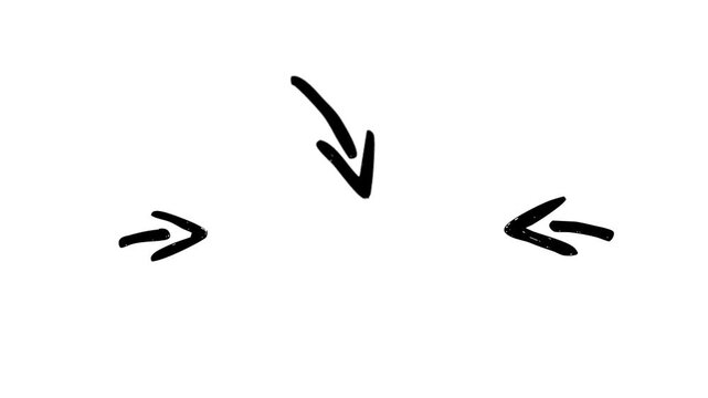 Hand-drawn three black arrows pointing downward animation, sketchy motion pointers on a white background