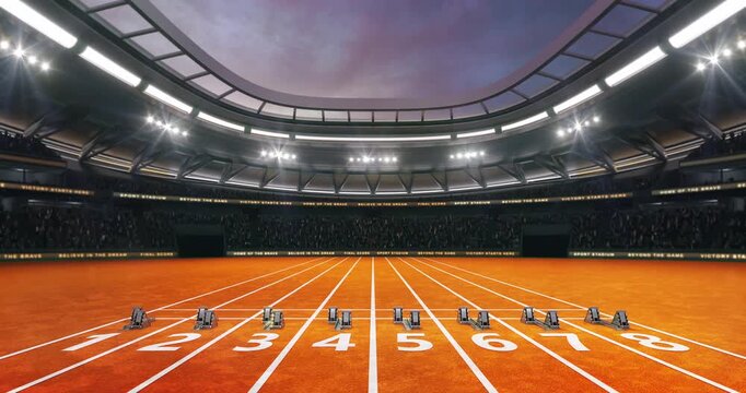 Athletics running track at a sports stadium with shining spotlights and fans ready for the upcoming grand sporting event.