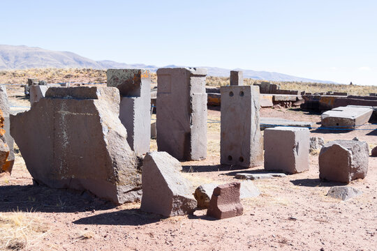 Tiwanaku ancient civilization stone ruins in bolivia