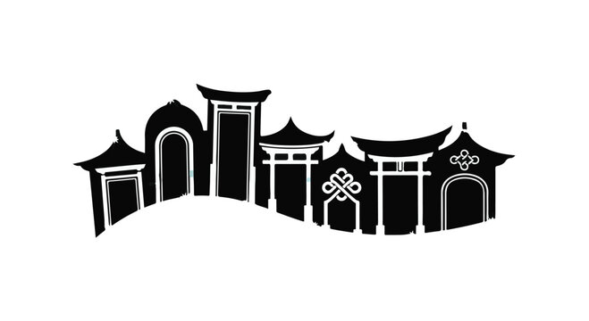 Asian architecture silhouettes depict traditional temple structures in a row formation.