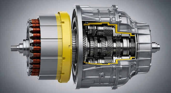 Detailed cutaway view of a hybrid vehicle's electric motor and multi-speed transmission system.