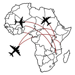 A vector graphic illustration of airplanes flying over a map of Africa with red flight routes © eee