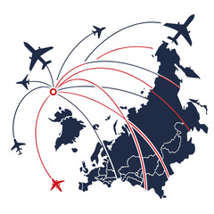 A vector graphic illustration of a map with airplanes and flight routes © eee
