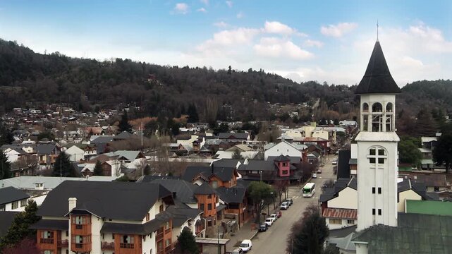 Aerial View of San Jose Parish and Bell Tower in San Martin de los Andes - 4K