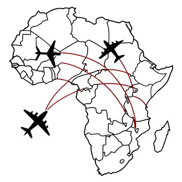 A vector graphic illustration of airplanes flying over a map of Africa with red flight routes