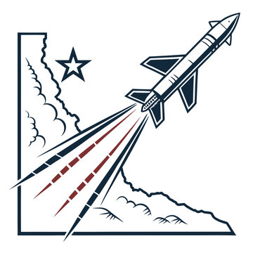 A vector graphic illustration of a rocket launching into space with a star and clouds in the background