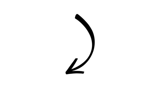 Hand-drawn black curved arrow animation, subtle sketchy motion pointer on a Alpha channel