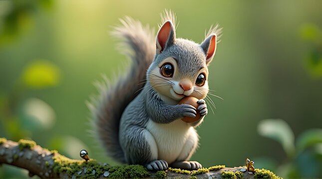 3D render of a cute fluffy squirrel holding a nut on a forest branch