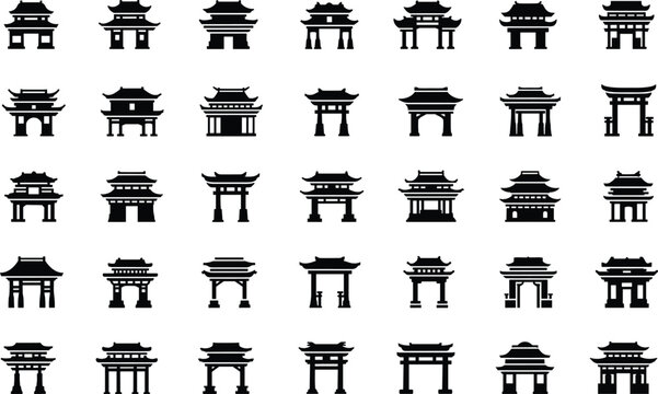 Asian temple gate  collection with japanese torii and chinese architectural gate style