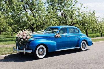 Fototapeta premium Vintage Blue Car With Flowers Parked on a Road Beside Trees and Mountains