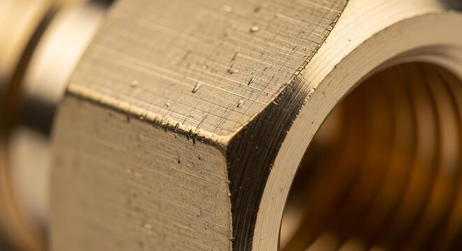 Extreme close-up of a textured brass nut and bolt threads with hardware