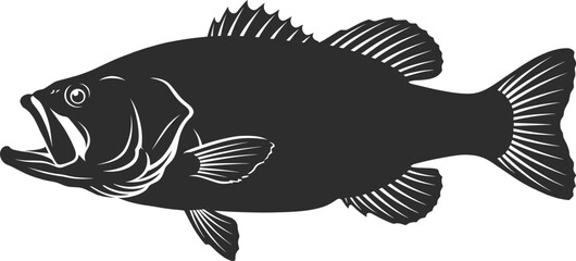 Fototapeta premium Minimalist black largemouth bass fish silhouette featuring open mouth striking posture with white line highlights isolated on white background for fishing design.