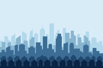Fototapeta premium Minimalist blue city skyline illustration featuring layered urban landscape with suburban residential houses in foreground and skyscraper silhouettes in hazy background.