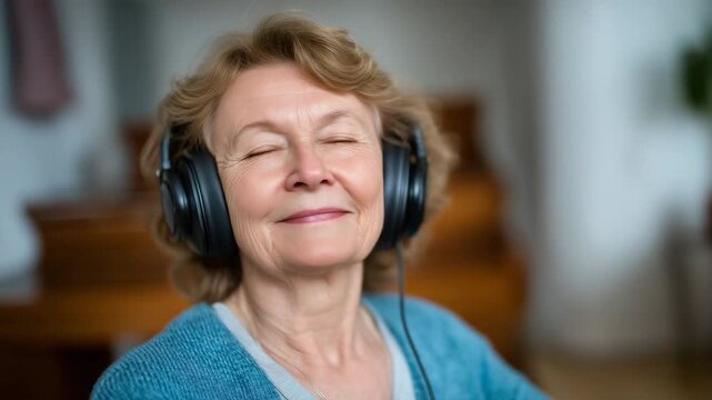 Senior woman with dementia sways gently to music therapy playlist on speaker eyes closed with peaceful expression as familiar songs from past unlock positive emotional memories in