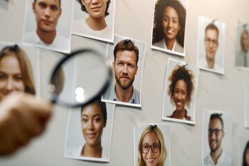 Fototapeta premium People Are Viewed on a Wall by Someone Holding a Magnifying Glass in a Workspace Setting