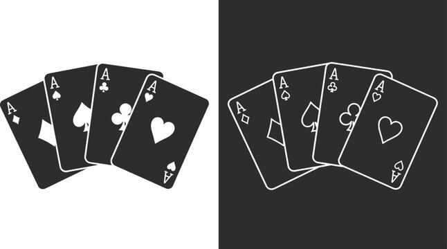 Set of two minimalist four aces playing card fan silhouettes featuring diamond spade club and heart suits in solid and white line art isolated on white and black background.