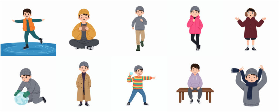 Cute Boy Character Set in Winter Outfits and Seasonal Activities Vector Illustration