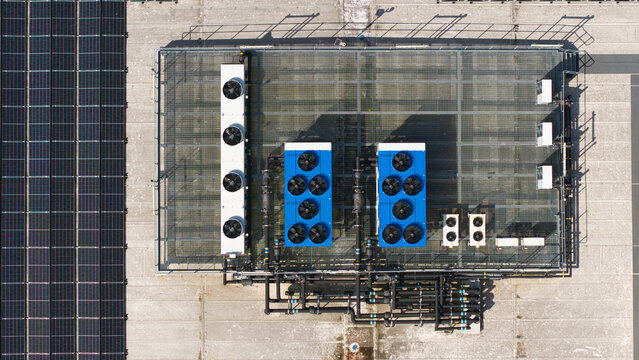 Aerial view of the Supermarket distribution Centre roof featuring HVAC cooling units and solar panels in Nailstone, Nuneaton, United Kingdom.
