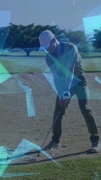 Vertical video: Golfer addressing, hitting golf bunker shot while blue overlay tracing arc to green