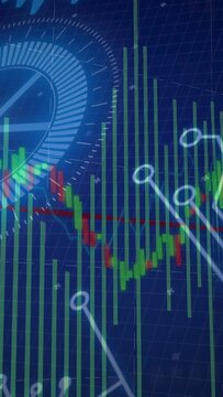 Animated finance chart pulsing HUD, sparking white nodes marking bars and tracking candlestick rise