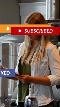 Vertical video: Woman checking list with pen in plant, alerts popping over face and list for QC
