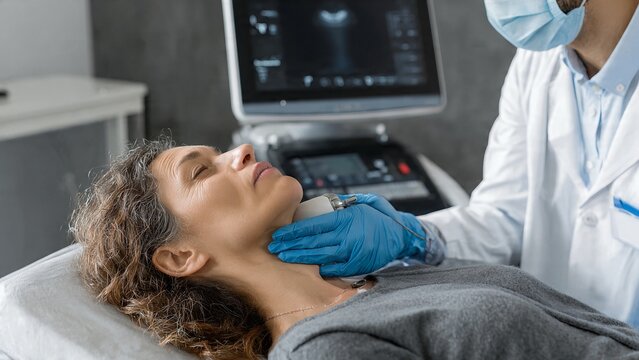 Professional Doctor Performing Medical Examination on Female Patient with Ultrasound Probe, Healthcare Checkup and Diagnosis in Modern Hospital Clinic