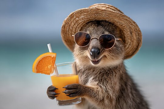 Cute Quokka Wearing Straw Hat and Sunglasses Drinking Orange Juice
