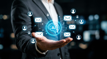 Fototapeta premium Businessman Using Artificial Intelligence for Automated Email Marketing and Corporate Communication