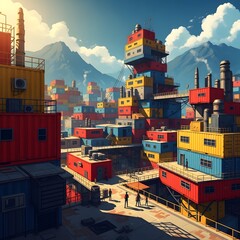 Obraz premium Vibrant lego cityscape with towering structures and mountain backdrop
