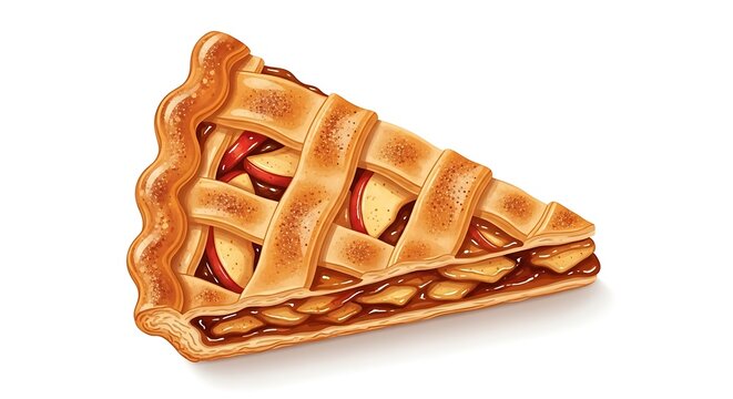 A delicious slice of apple pie with a lattice crust and caramelized filling