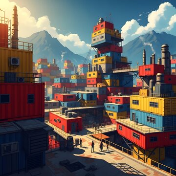 Vibrant lego cityscape with towering structures and mountain backdrop