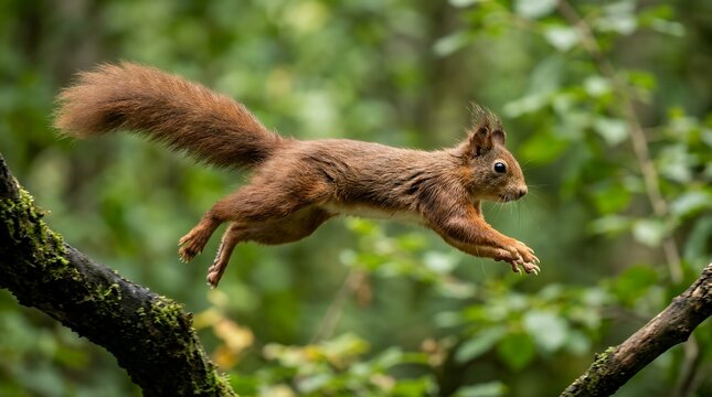 Red squirrel jumping in mid-air, agile wild squirrel leaping between mossy tree branches, action wildlife photography in green forest