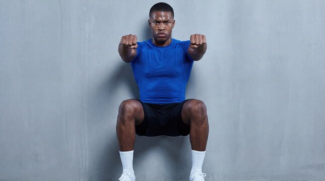 A young African man performs a wall squat exercise. He wears a blue athletic shirt and black shorts, with white sneakers. The background is a plain gray wall.