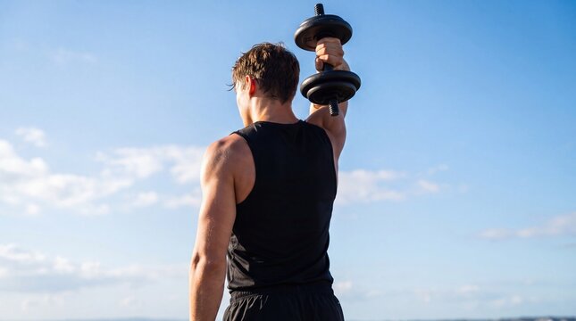 A young Caucasian man with short brown hair lifts a dumbbell against a clear blue sky. He wears a black sleeveless shirt and shows a muscular build.